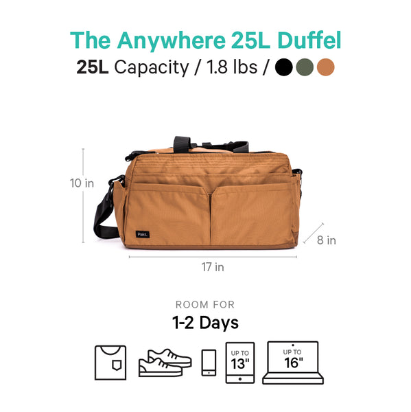 Use The 25L Duffel for overnight and as a personal item during travel