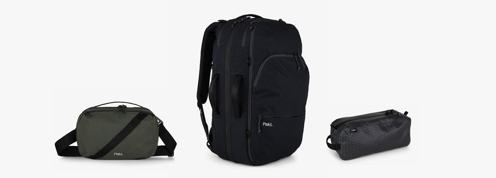 The Everyday 5L Sling, Pakt Travel Backpack, and Water-proof pouch